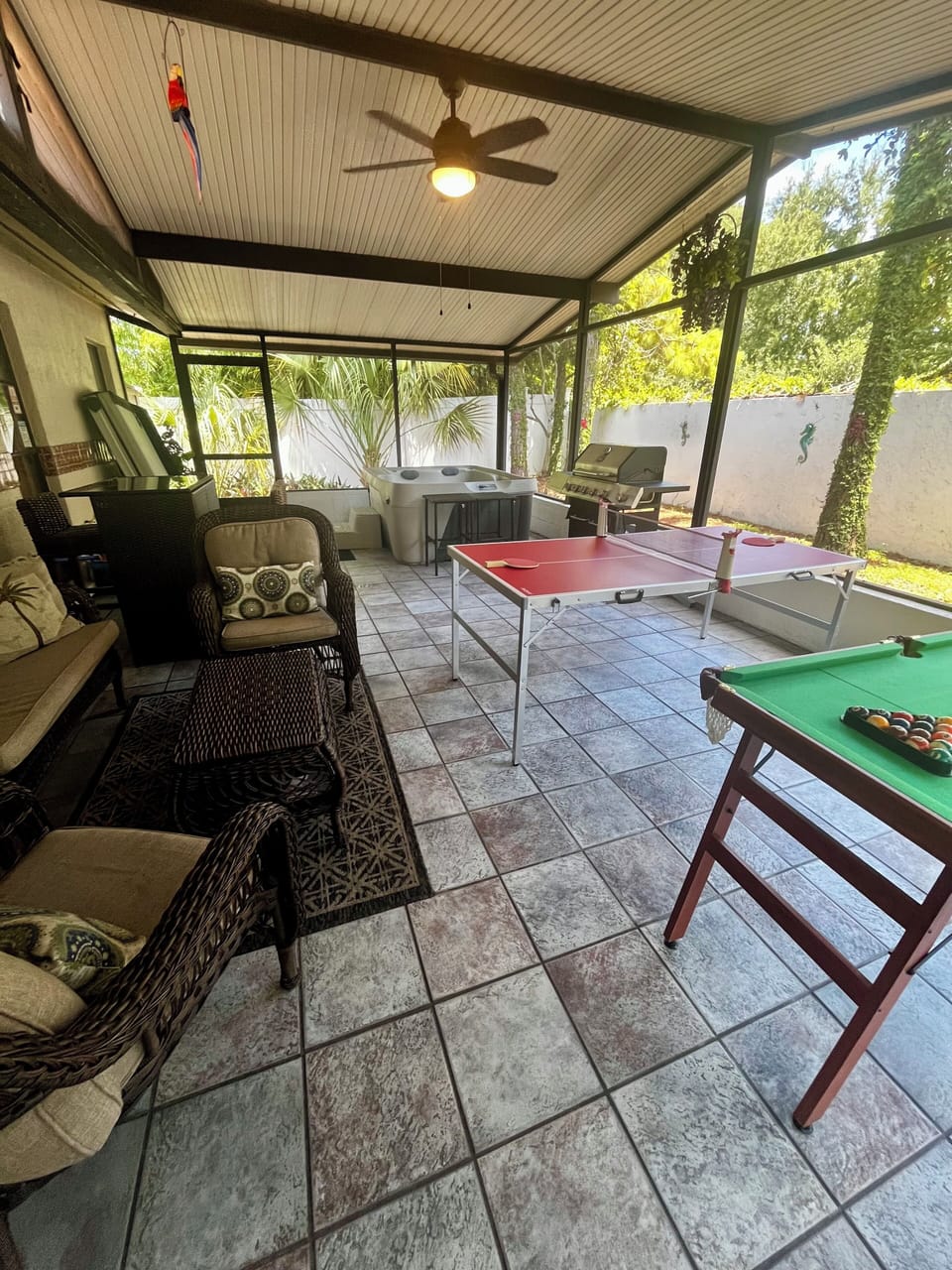 Enjoy our patio with our pool and ping pong tables, or relax in our hot tub!