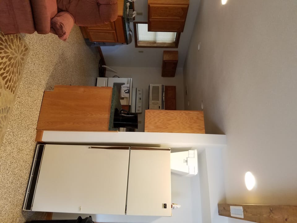 couch, interior, refrigerator, living area, indoor, kitchen visible