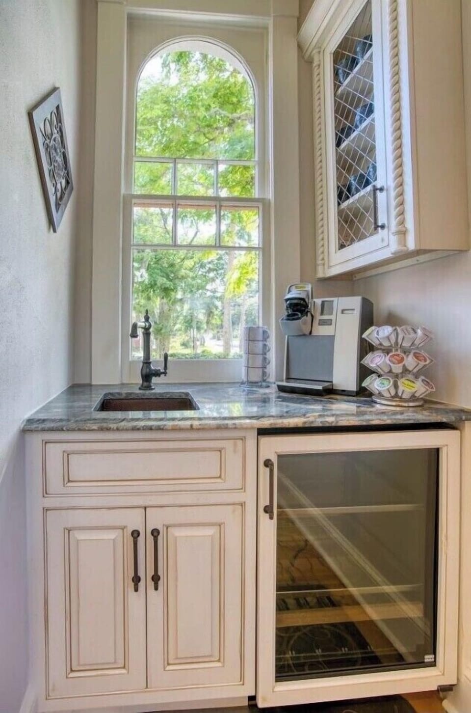 Coffee bar and beverage center for quiet mornings.