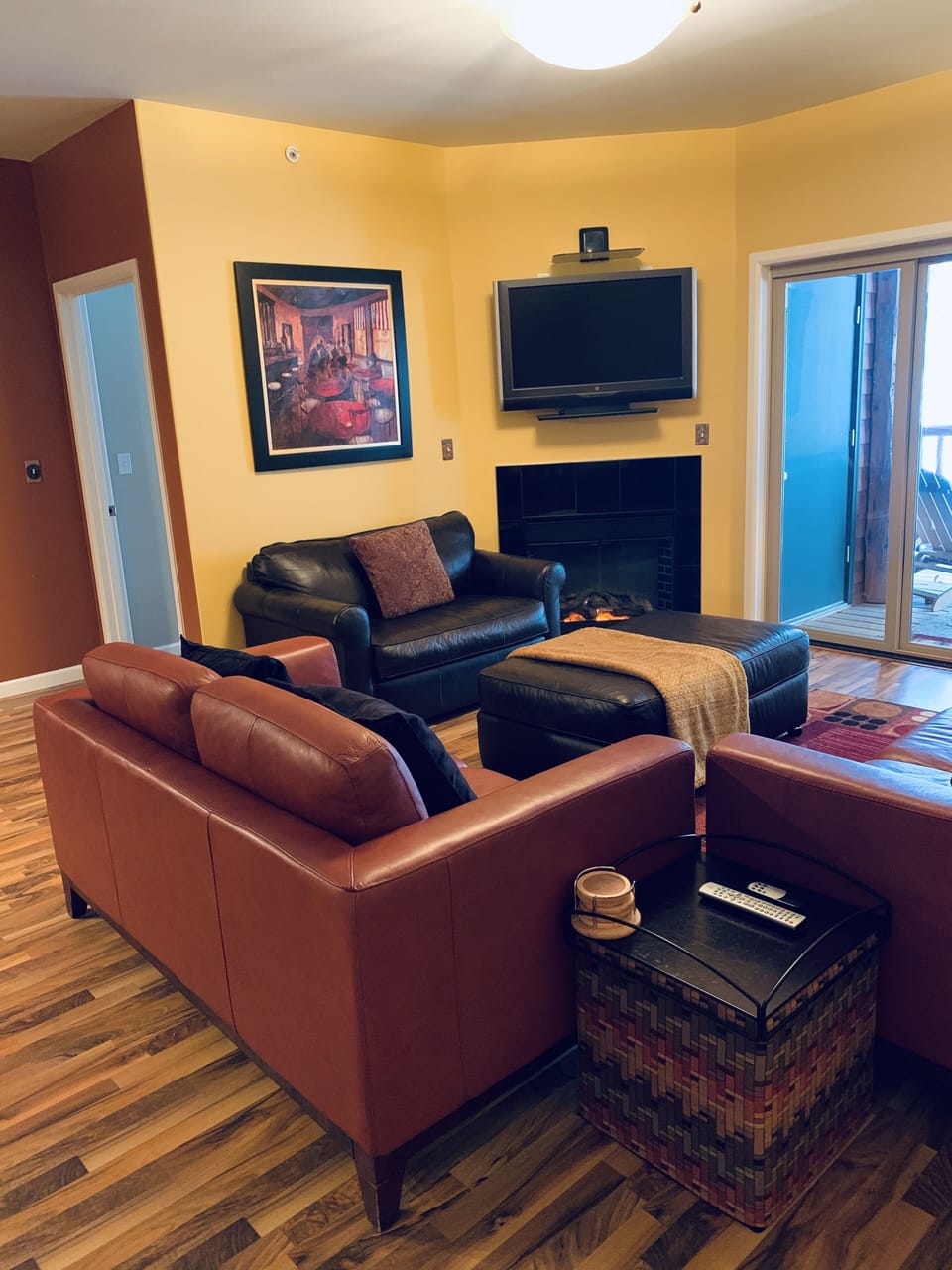 Living area with electric fireplace and TV w/ Amazon Fire 