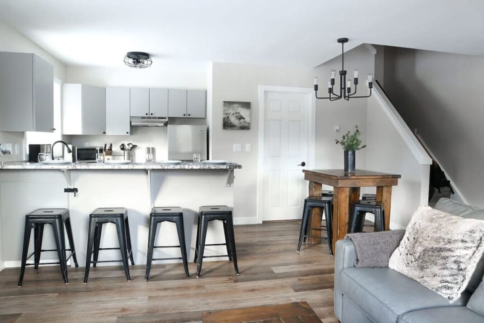 The kitchen island with bar-style seating.
