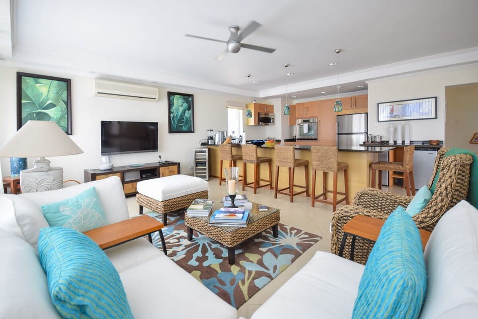 The bright and fully furnished open plan living area with a TV and air-conditioning