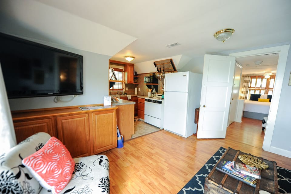 A view from the private entrance showing the living room into full kitchen.