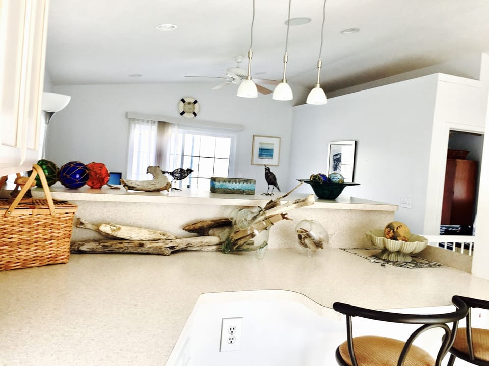 Looking out from the seating area to the living room.