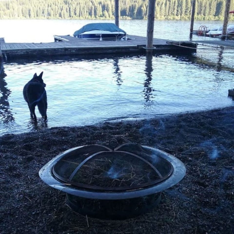 Swimming area off beach with fire pit.