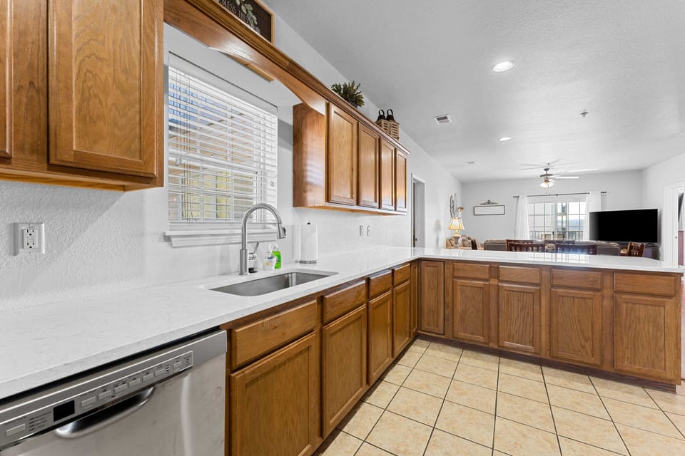 The kitchen offers a large cooking space.