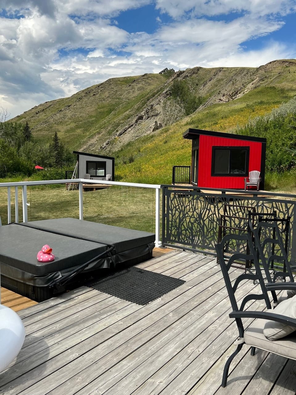 Moose and Elk sleeping pods.  Deck side hot tub.