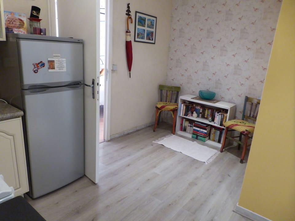 Library and seating area in kitchen