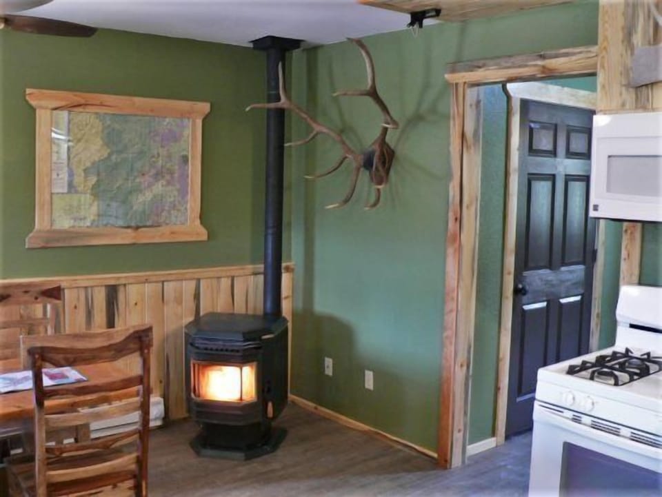 A cozy wood stove for cooler evenings.
