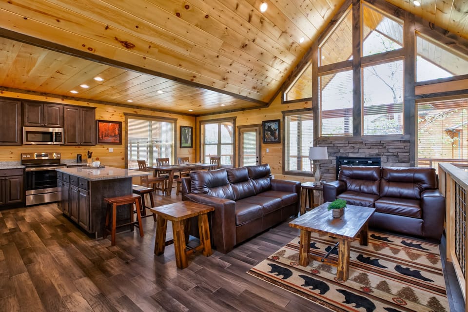 View from the entrance of the cabin. Plenty of light and modern furniture