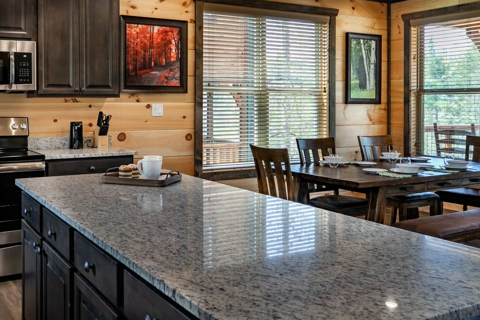 Large kitchen island with big dining table
