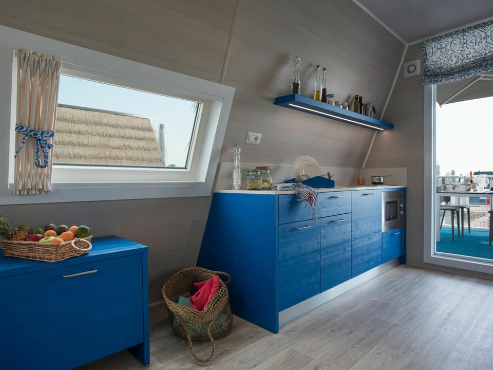 Cabinetry, Furniture, Building, Blue, Kitchen, Countertop, Wood, Shelving, Interior Design, Living Room