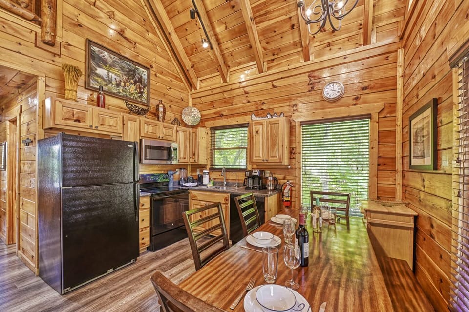 Our wooden dining table is only a few steps away from the kitchen.
