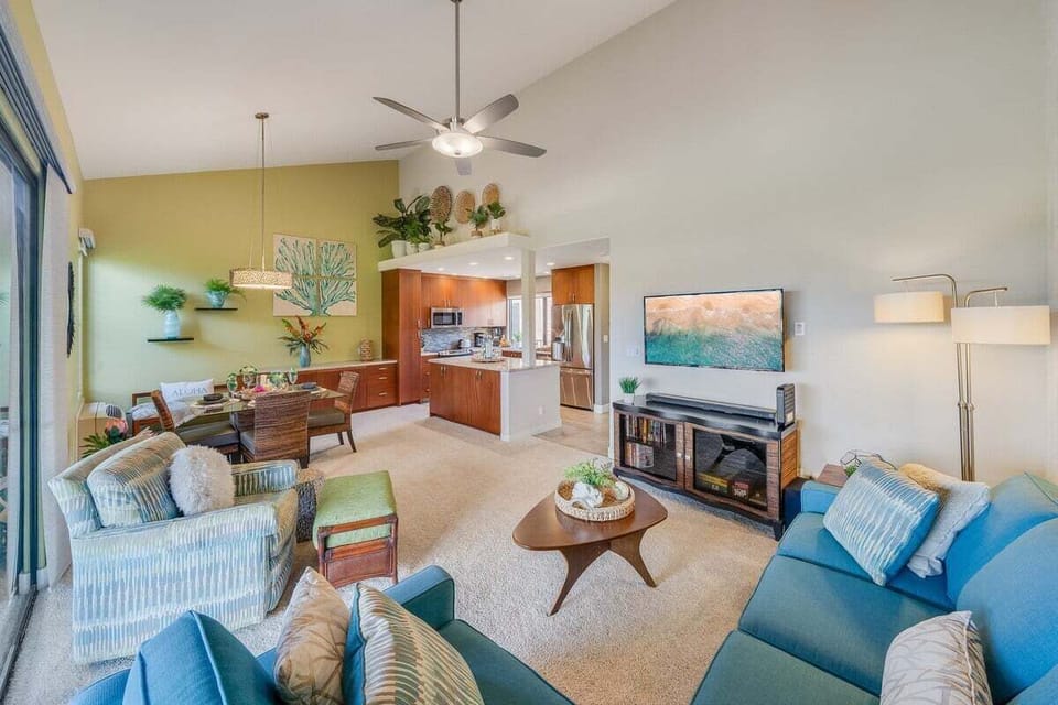 Spacious living room with vaulted ceilings