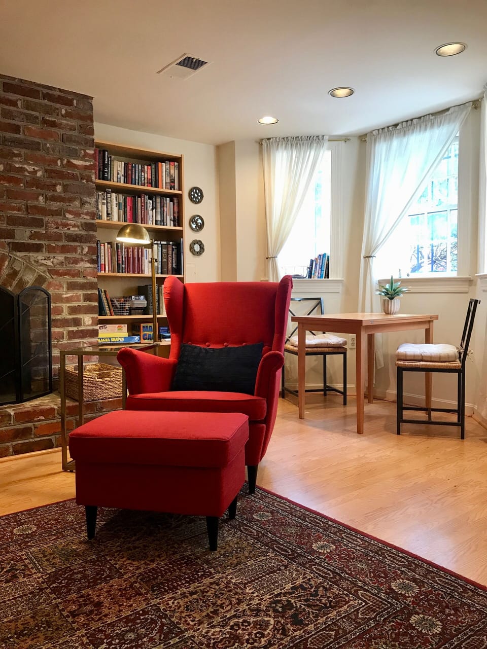 Sunny living room with dining/work area
