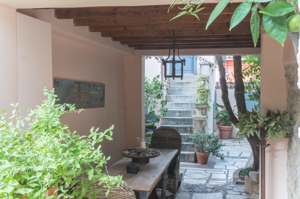 View through the covered dining space