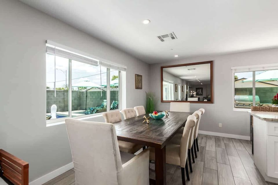 Formal dining table set to accommodate up to 8 guests.