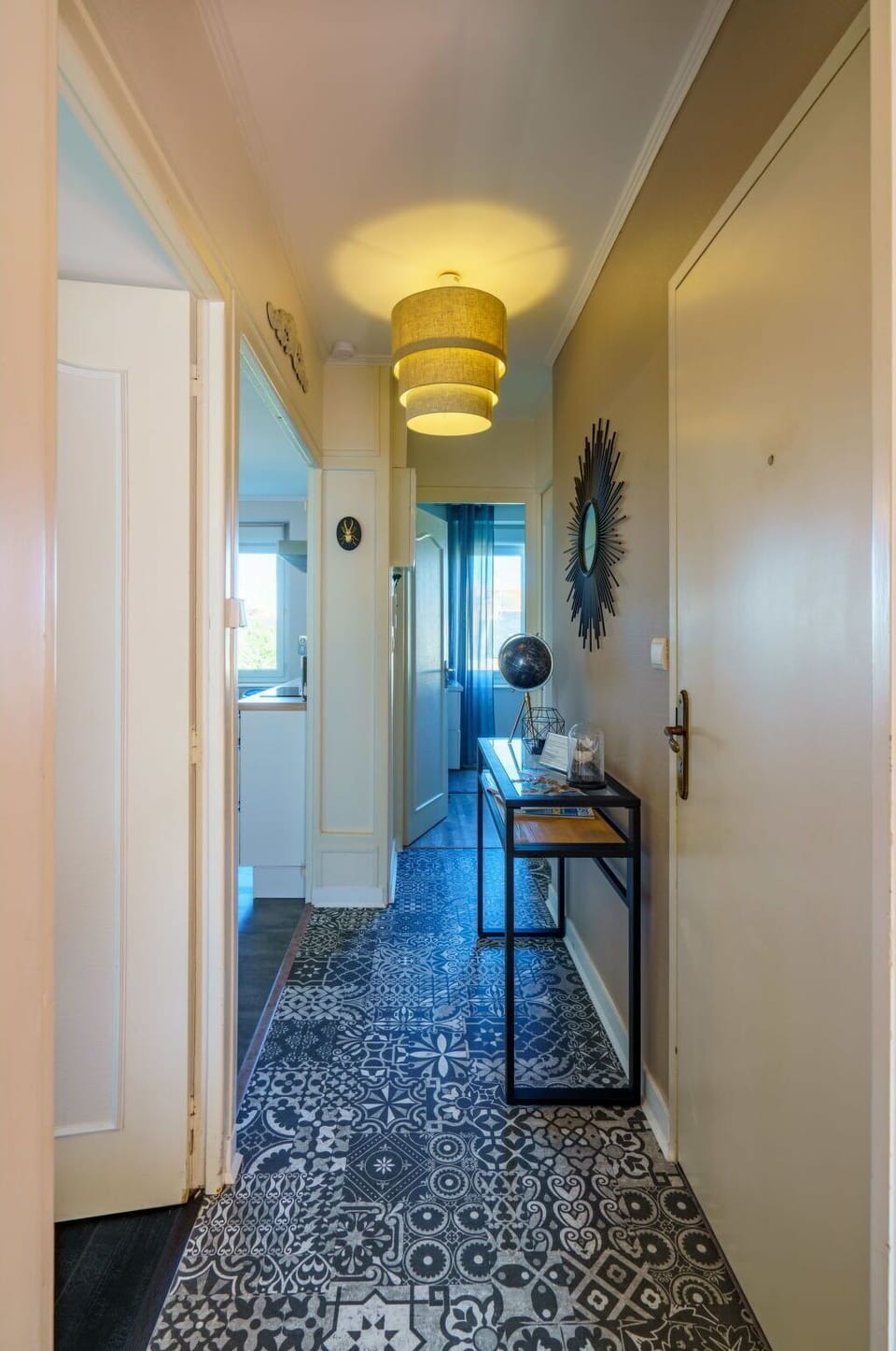 Azure, Wood, Interior Design, Houseplant, Door, Floor, Flooring, Table