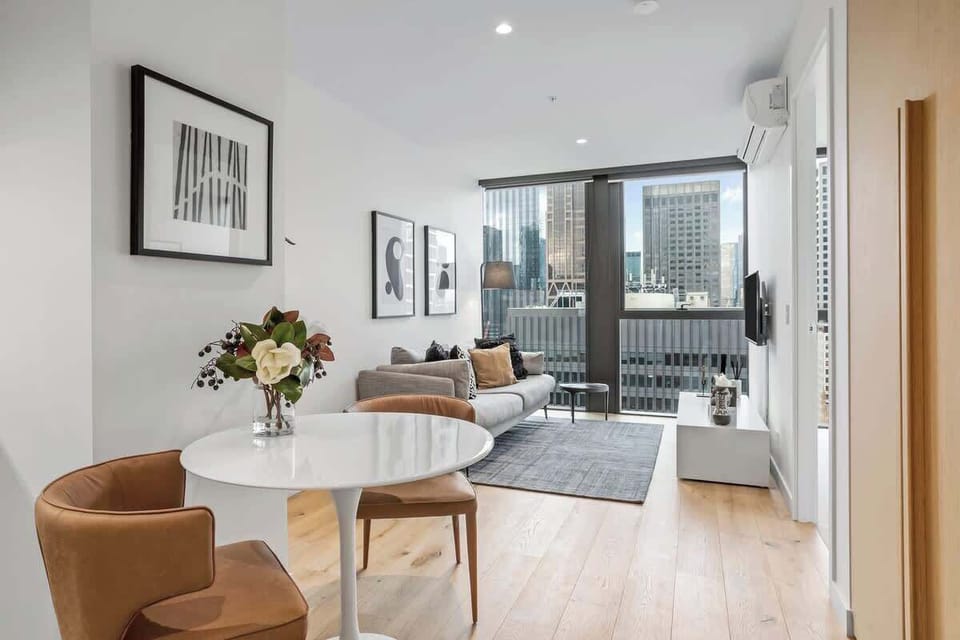 Dining table with a city view