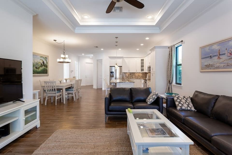 Large living room with open kitchen