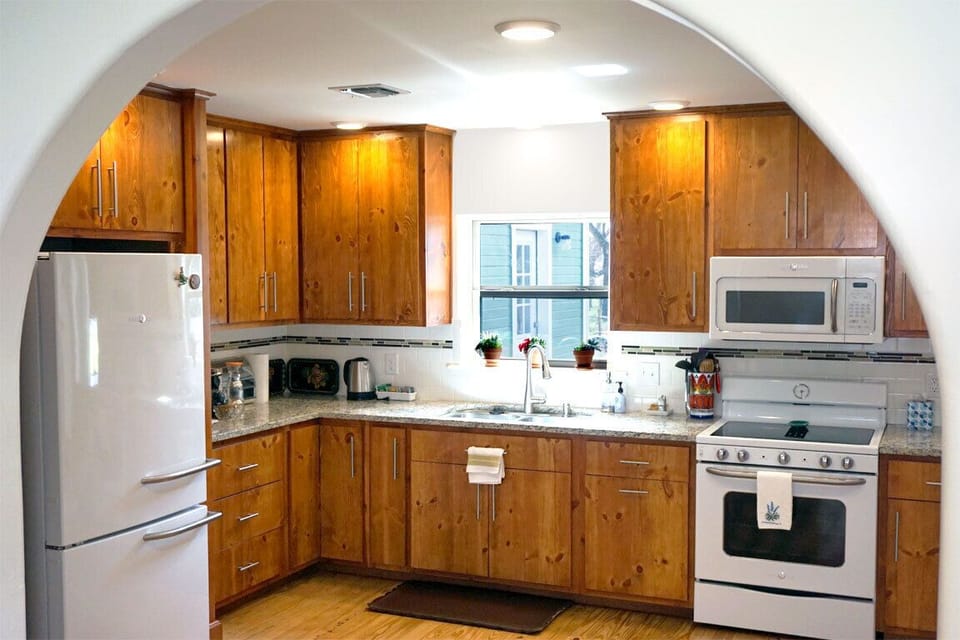 Our full kitchen with coffee and tea stations.