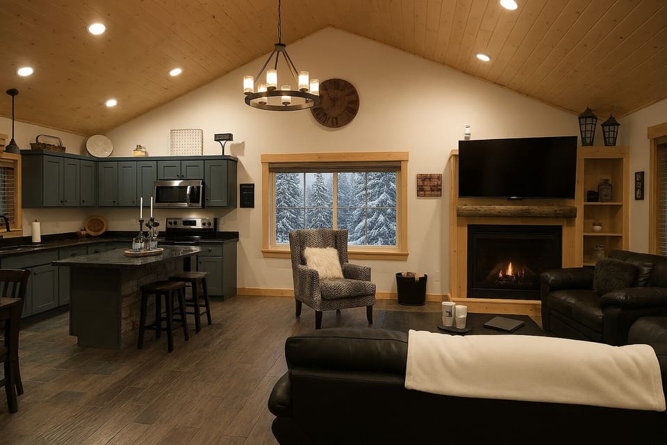 Large 65" Smart TV and gas fireplace