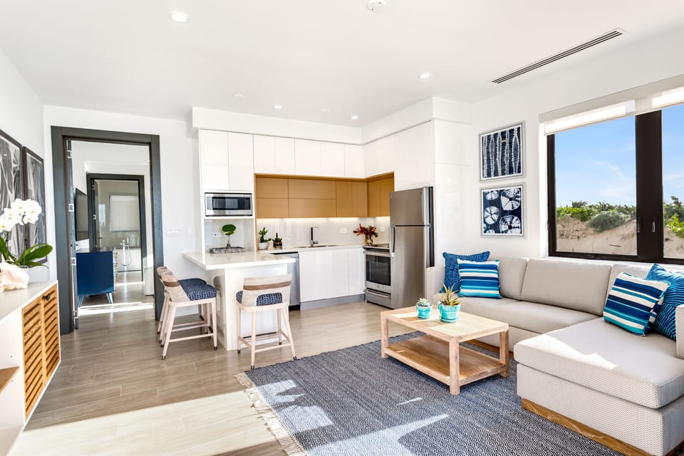 Kitche, living/dining area, pullout sofabed sleeps 1 adult or two children.