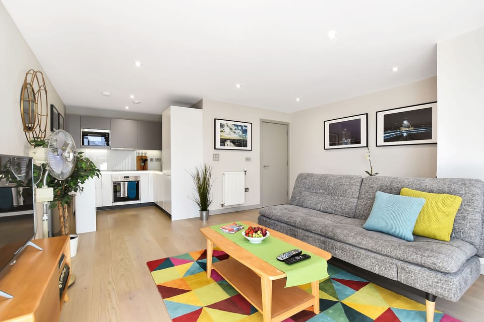 Contemporary open plan kitchen lounge with all mod cons for a comfy stay in