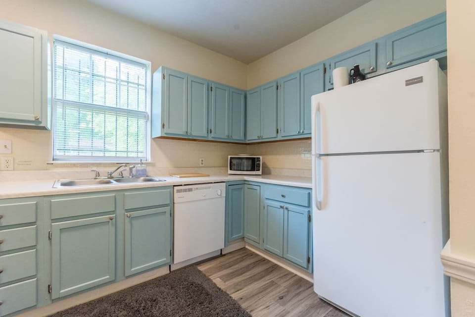 All the pots & pans, plates, cups, glasses, & utensils you need in your Kitchen.