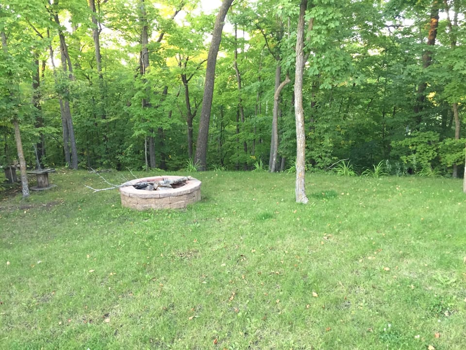 Fire pit area. Wooded areas behind cabin and along the sides. 