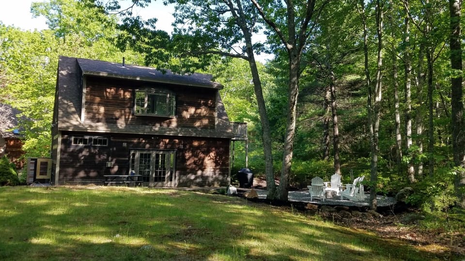 Large back yard with Corn Hole game , picnic table, grill, fire pit
