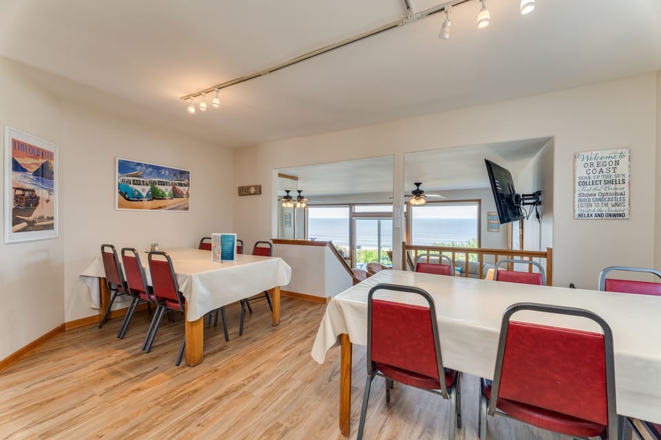 Elevated dining area provides enough seating for the whole group.