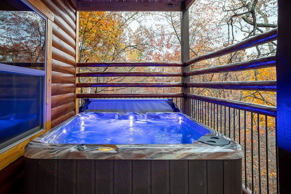 Private hot tub back deck with views. 