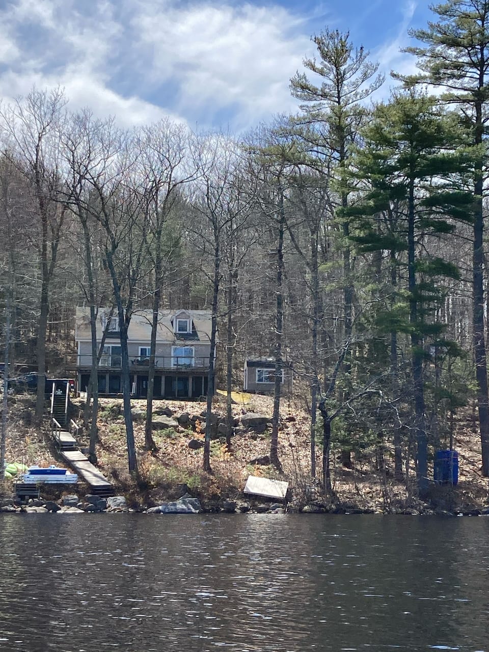 View from the lake after ice out.  Docks and swim float aren't in yet.