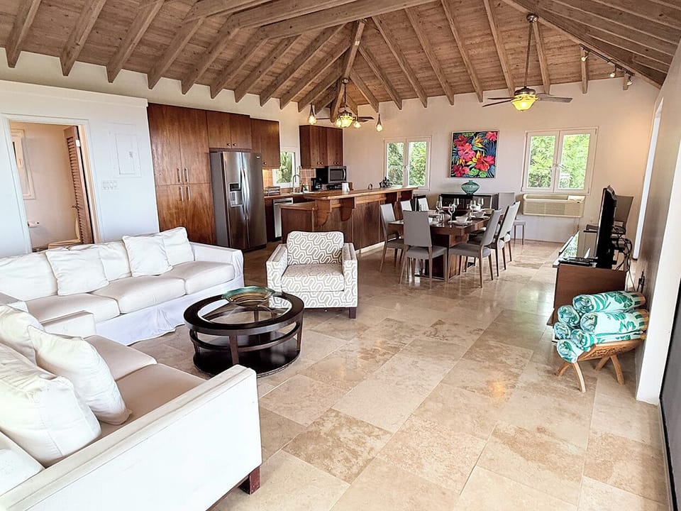 Looking into the kitchen and dining area from the living room