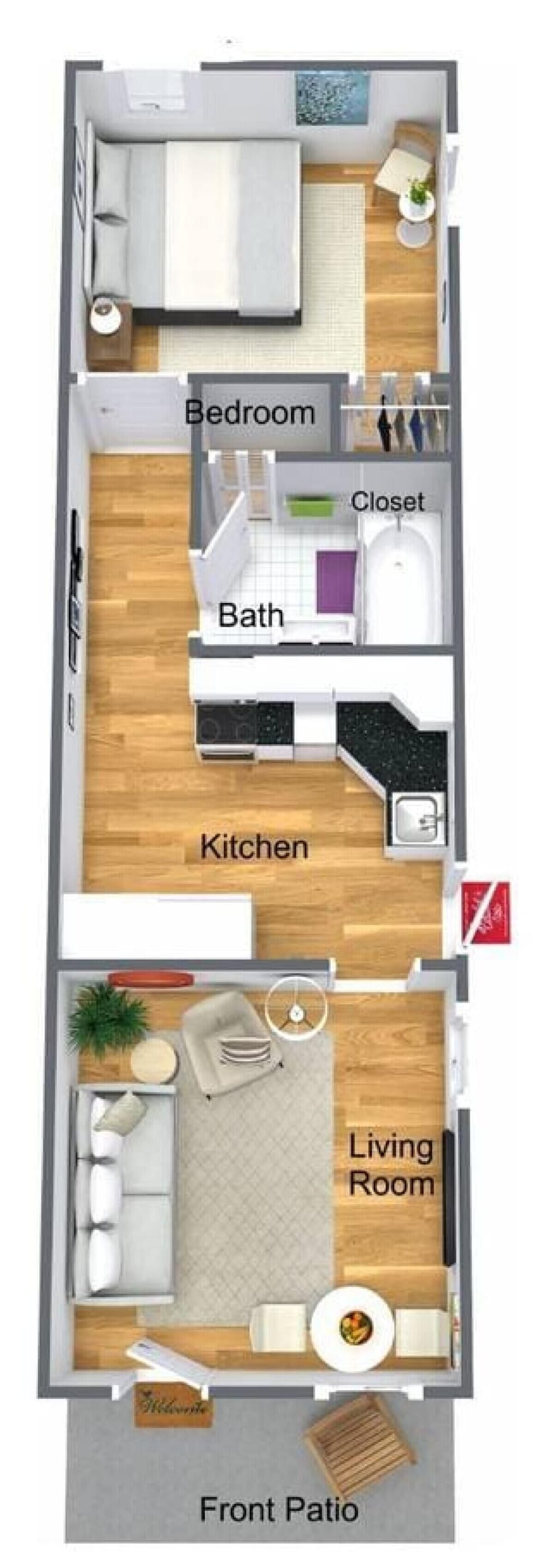my best attempt at a 3d rendering of the apartment. It`s not showing the exact furniture and all the pieces but this is more or less the layout of the apartment