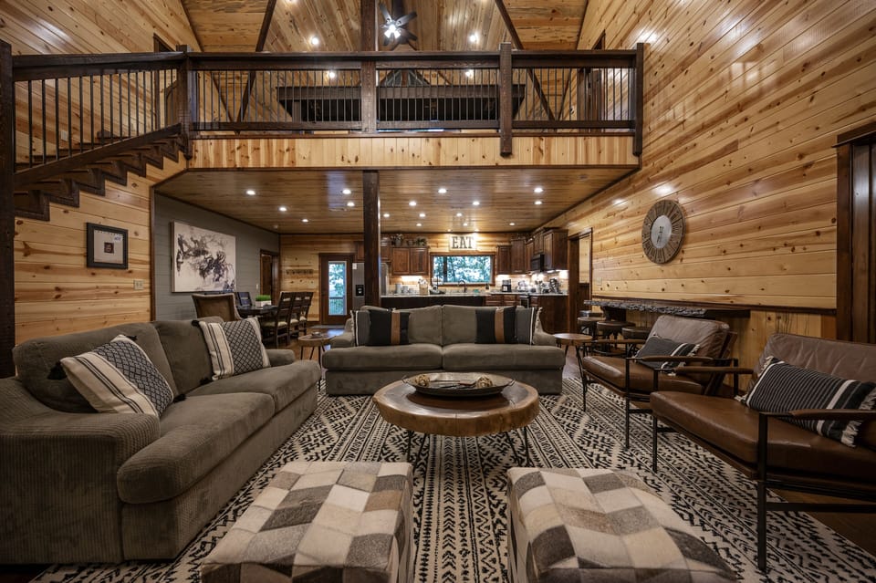 The lodge room seamlessly meets the kitchen area.