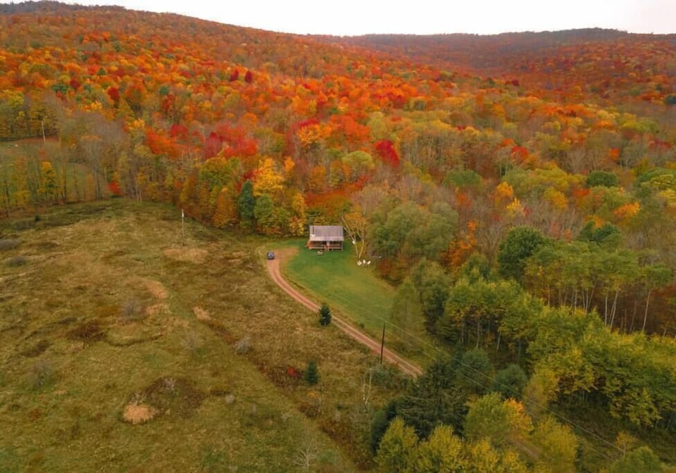 A beautiful view from above of the cabin and the property in the fall 