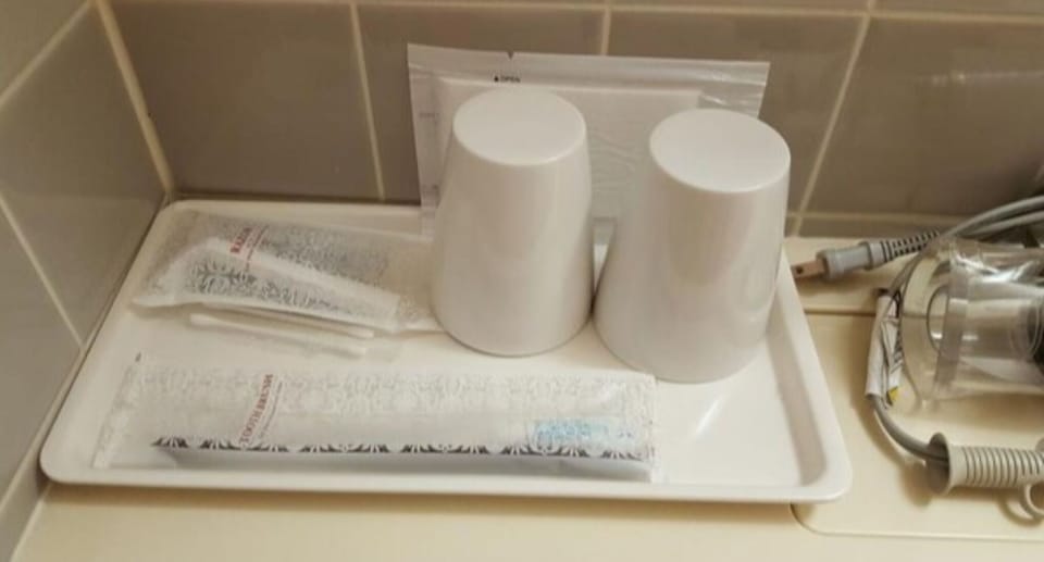 Amenities Toothbrush, shaving, body towel, cotton swab, glass