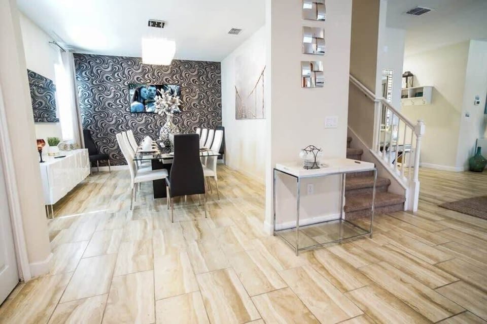 A plush modern dining room area.