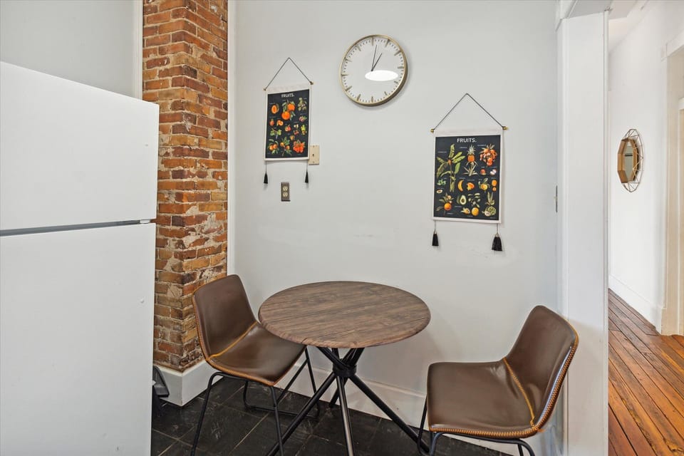 The kitchen has a dining area for two.
