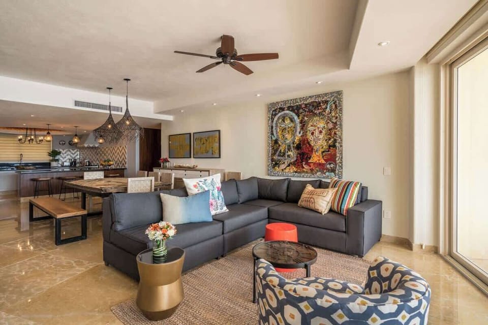 Tropical-inspired decor and beachy vibes throughout