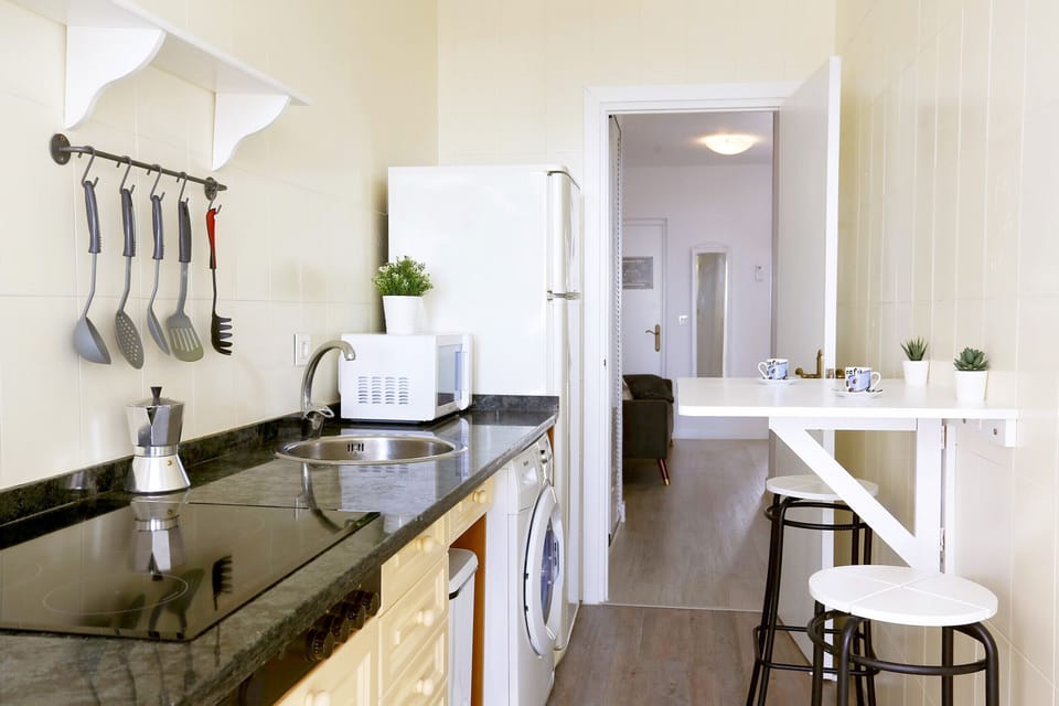Compact kitchen, equipped with stove, dishwasher, refrigerator and integrated washing machine.