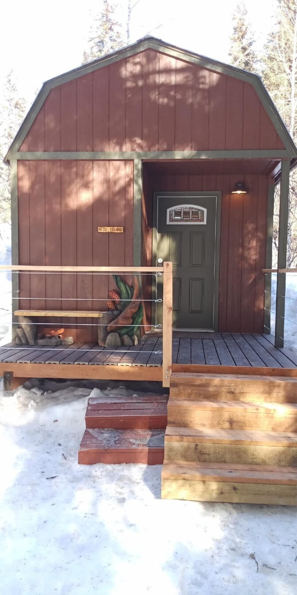 New porch and Otty the Otter bench at Attu Island cabin!