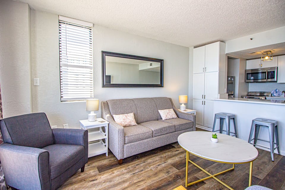 Corner unit has the extra window in living room.