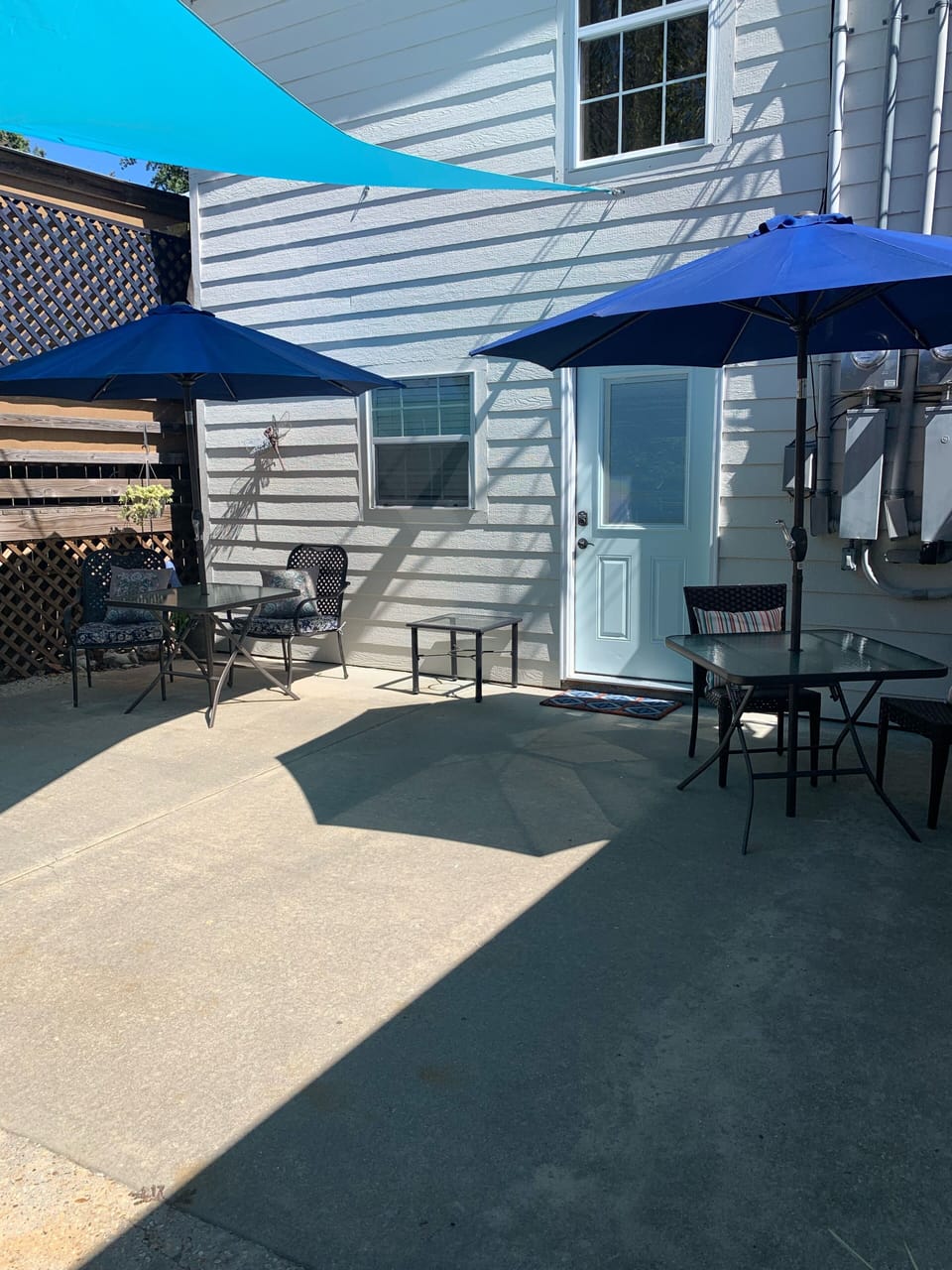 Front door of the apartment and patio area