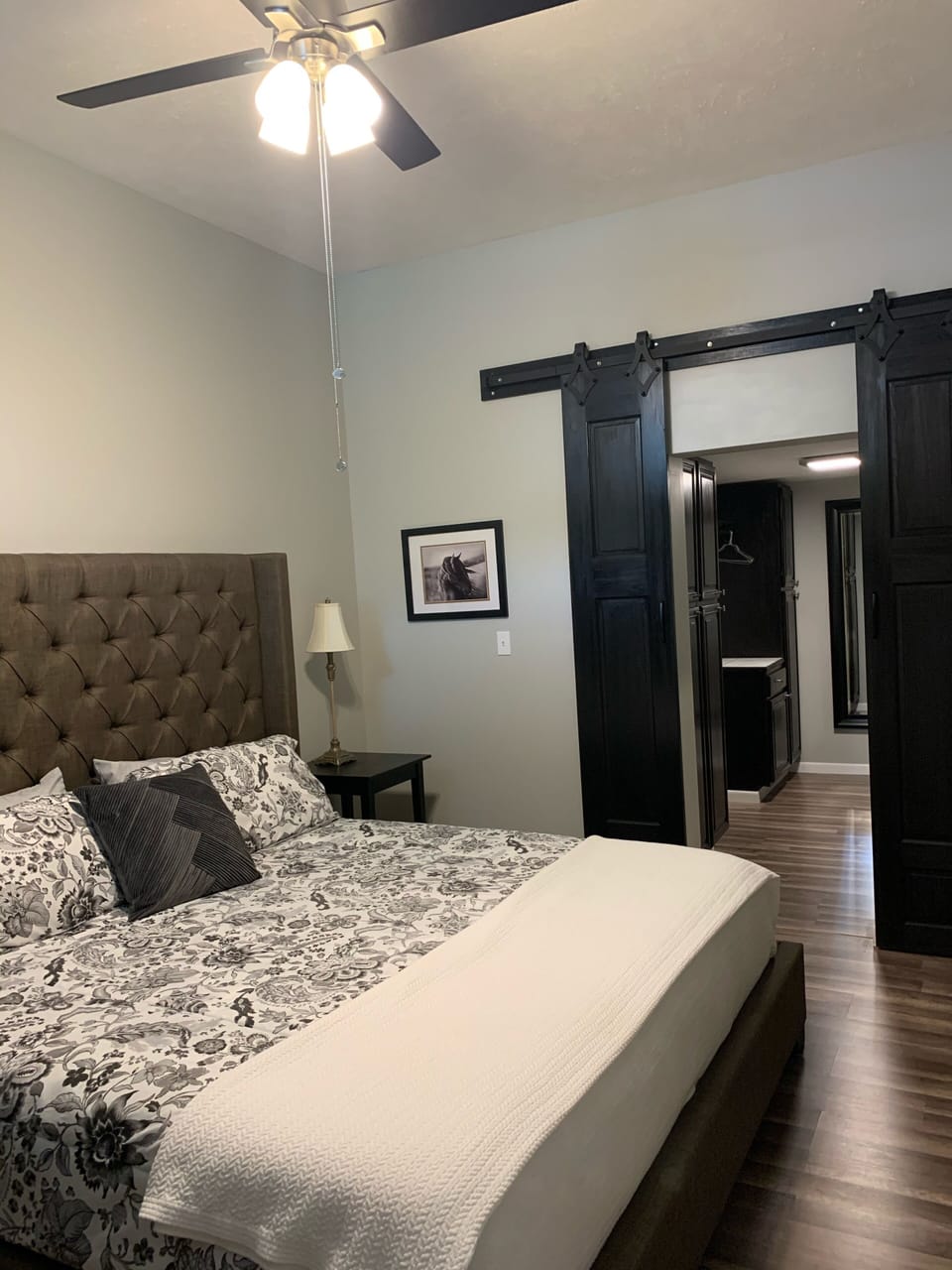 King bed, tall ceiling, entry into walk-in closet/dressing area