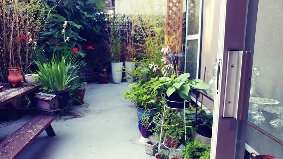 Main floor patio with lovely garden.