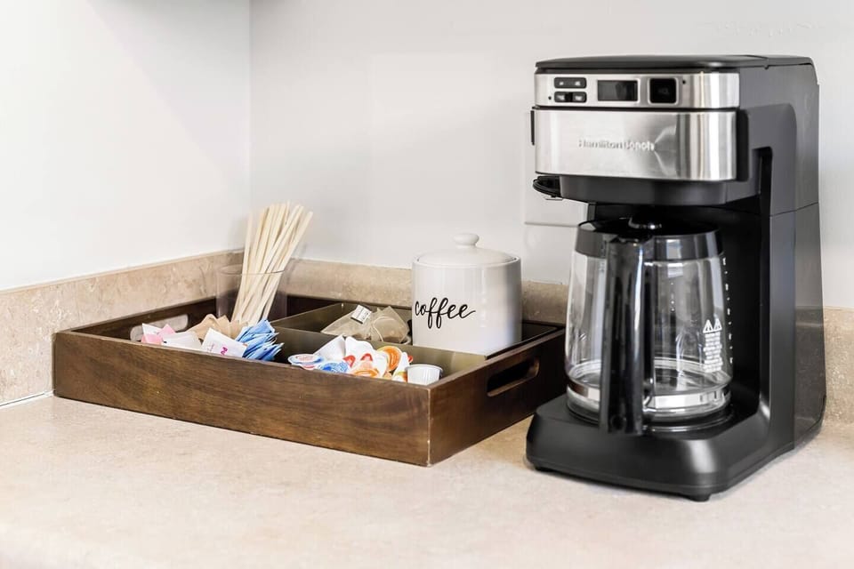 Enjoy your morning coffee! We have a coffee maker, cream, and sugar for your stay.