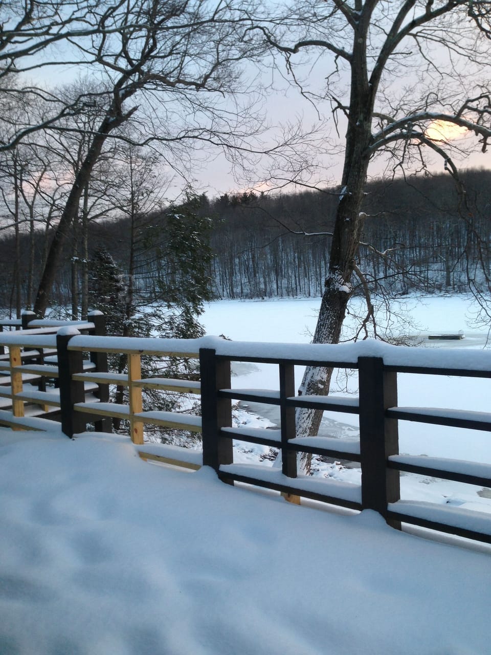 winter deck with lake view